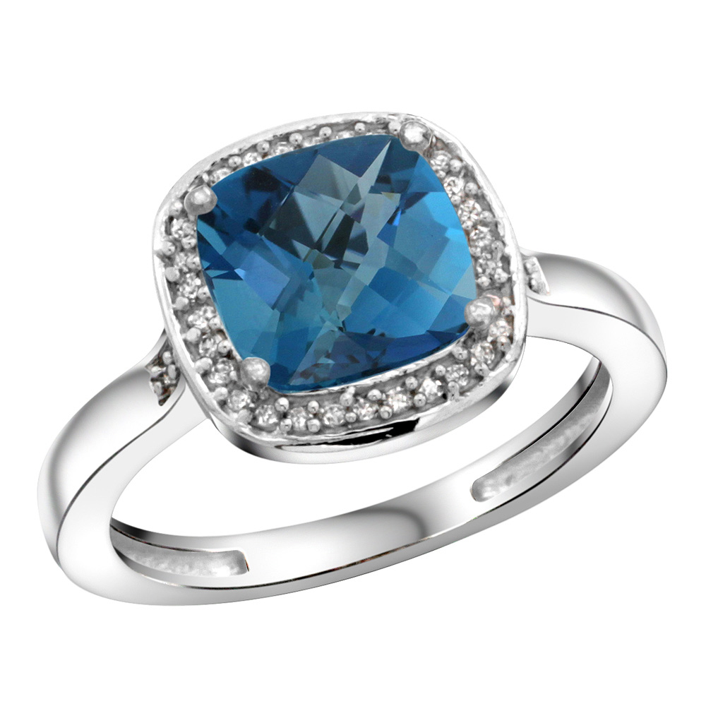 Sterling Silver Diamond Natural London Blue Topaz Ring Cushion-cut 8x8mm, 1/2 inch wide, sizes 5-10
