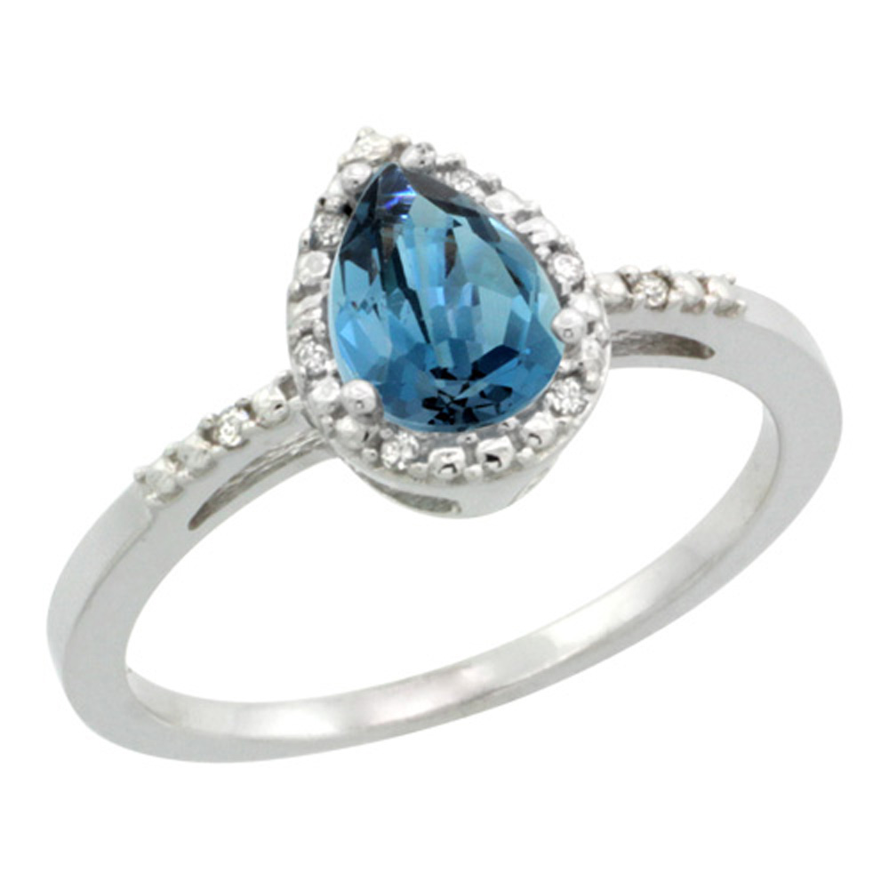 Sterling Silver Diamond Natural London Blue Topaz Ring Pear 7x5mm, 3/8 inch wide, sizes 5-10