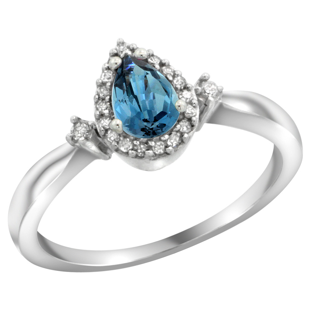 Sterling Silver Diamond Natural London Blue Topaz Ring Pear 6x4mm, 3/8 inch wide, sizes 5-10