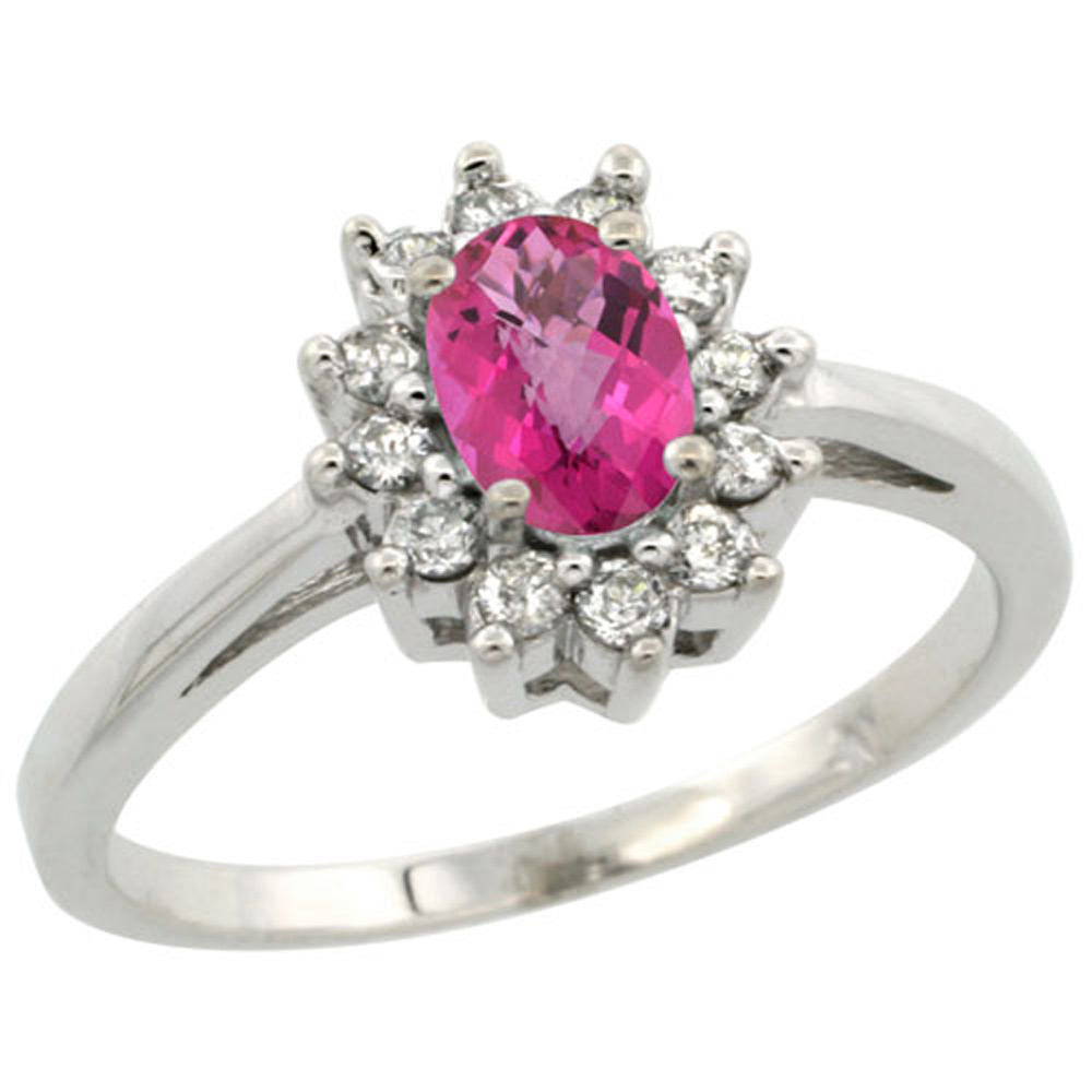 Sterling Silver Natural Pink Topaz Diamond Flower Halo Ring Oval 6X4mm, 3/8 inch wide, sizes 5-10
