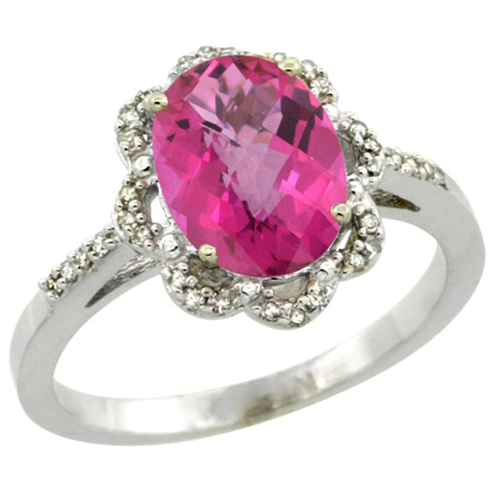Sterling Silver Diamond Halo Natural Pink Topaz Ring Oval 9x7mm, 7/16 inch wide, sizes 5-10