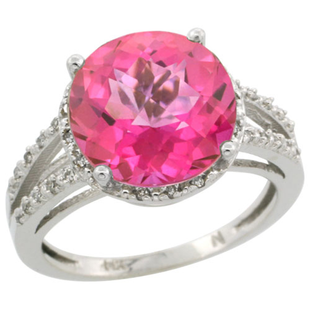 Sterling Silver Diamond Natural Pink Topaz Ring Round 11mm, 1/2 inch wide, sizes 5-10