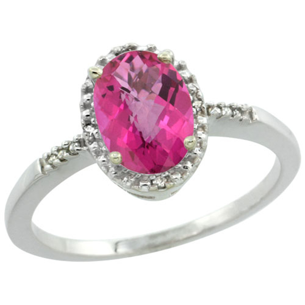 Sterling Silver Diamond Natural Pink Topaz Ring Oval 8x6mm, 3/8 inch wide, sizes 5-10