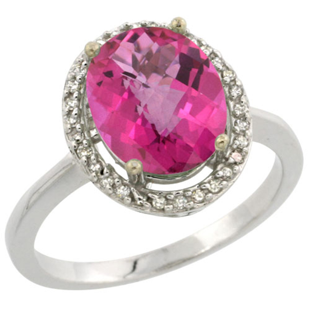 Sterling Silver Diamond Natural Pink Topaz Ring Oval 10x8mm, 1/2 inch wide, sizes 5-10