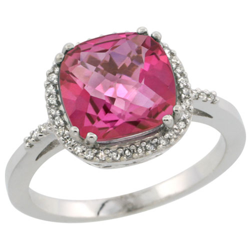 Sterling Silver Diamond Natural Pink Topaz Ring Cushion-cut 9x9mm, 1/2 inch wide, sizes 5-10