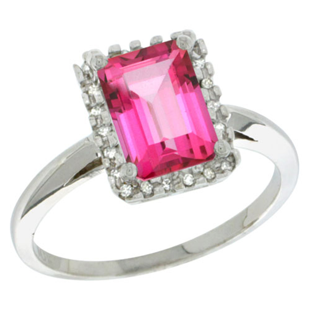 Sterling Silver Diamond Natural Pink Topaz Ring Emerald-cut 8x6mm, 1/2 inch wide, sizes 5-10