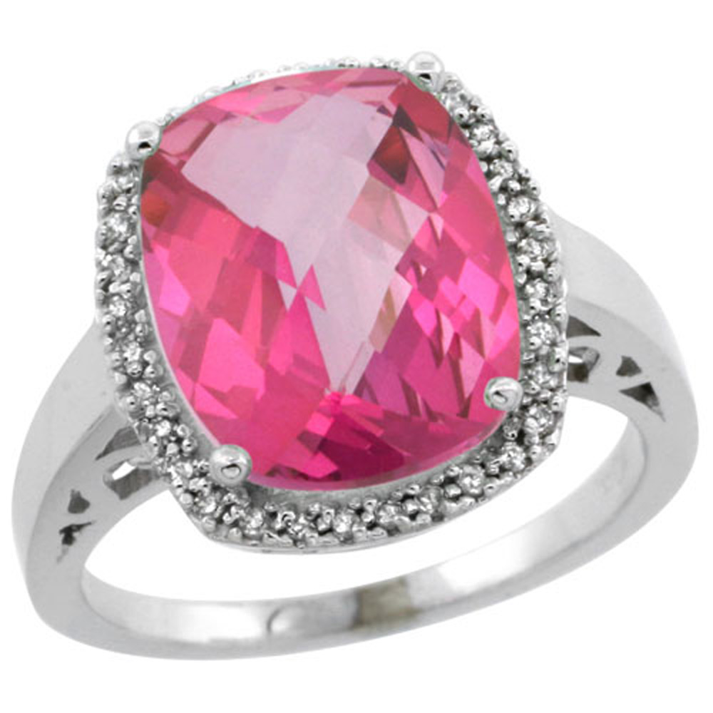 Sterling Silver Diamond Natural Pink Topaz Ring Cushion-cut 12x10mm, 1/2 inch wide, sizes 5-10