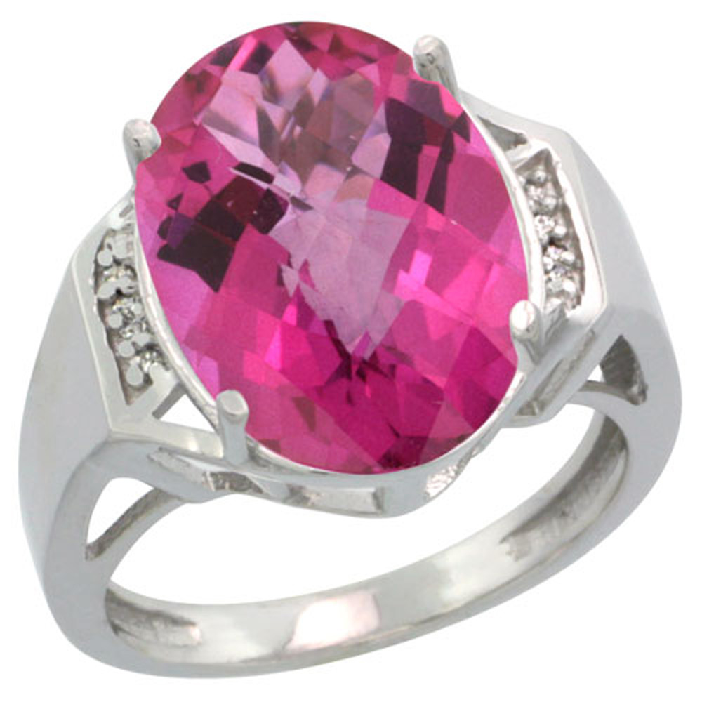 Sterling Silver Diamond Natural Pink Topaz Ring Oval 16x12mm, 5/8 inch wide, sizes 5-10