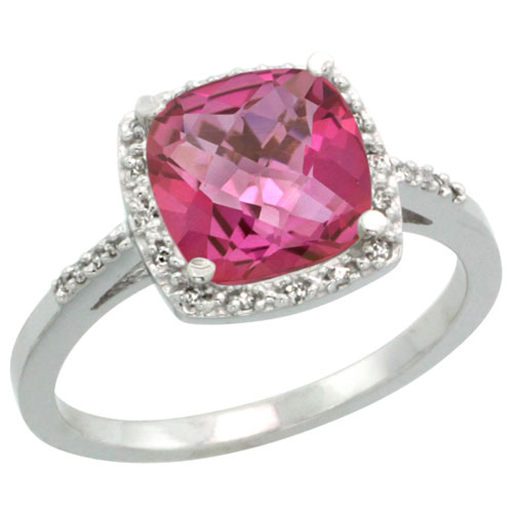 Sterling Silver Diamond Natural Pink Topaz Ring Cushion-cut 8x8mm, 1/2 inch wide, sizes 5-10