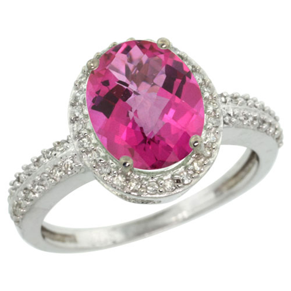 Sterling Silver Diamond Natural Pink Topaz Ring Oval 10x8mm, 1/2 inch wide, sizes 5-10