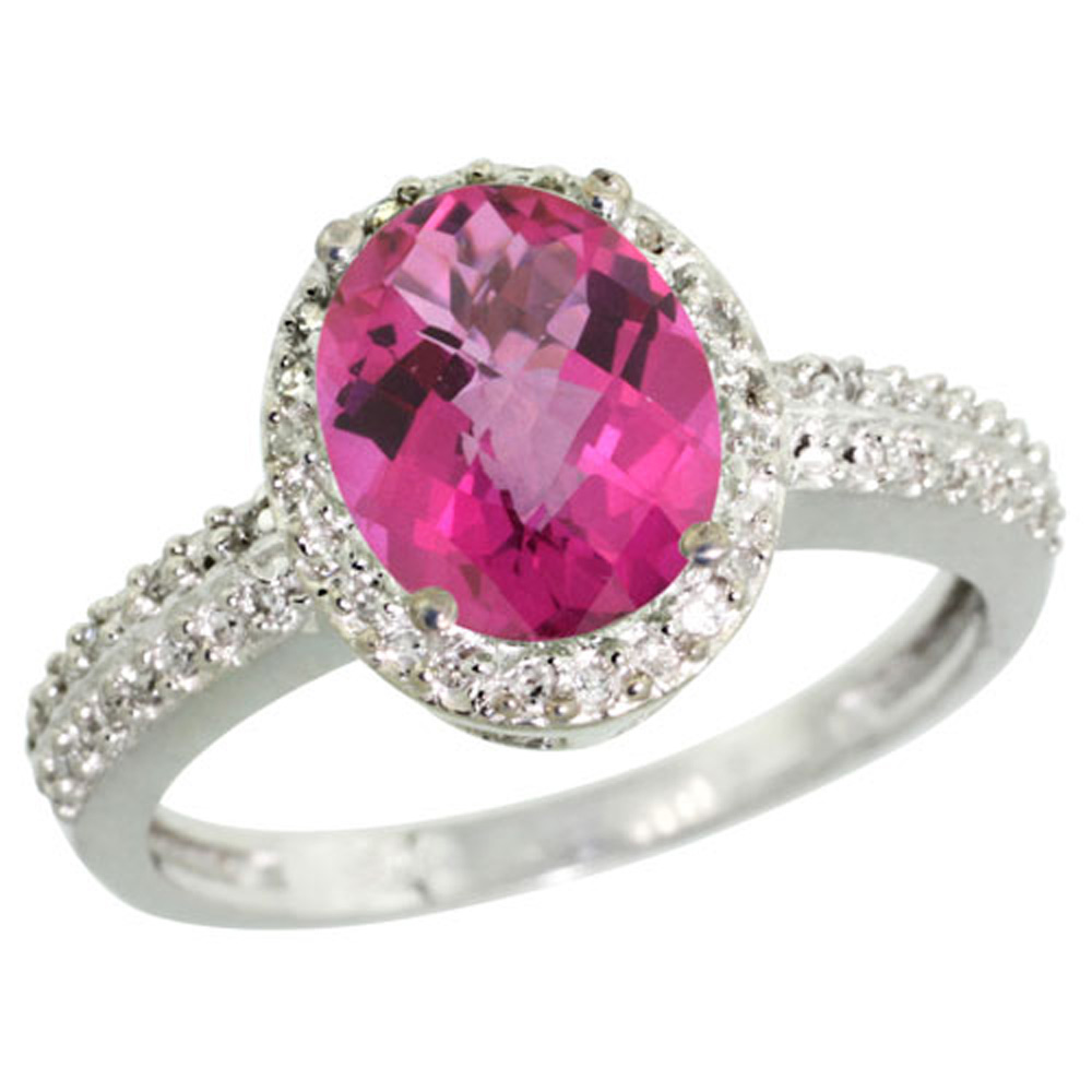 Sterling Silver Diamond Natural Pink Topaz Ring Oval 9x7mm, 1/2 inch wide, sizes 5-10