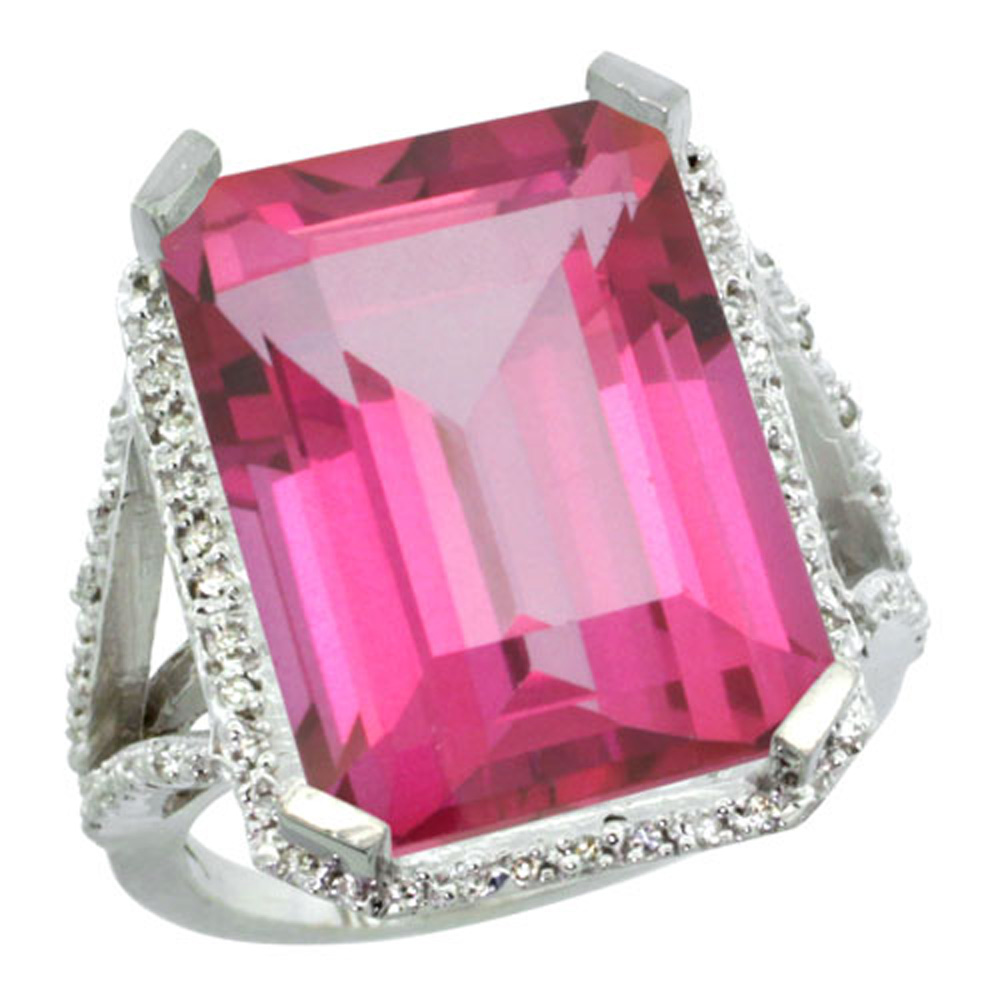 Sterling Silver Diamond Natural Pink Topaz Ring Emerald-cut 18x13mm, 13/16 inch wide, sizes 5-10