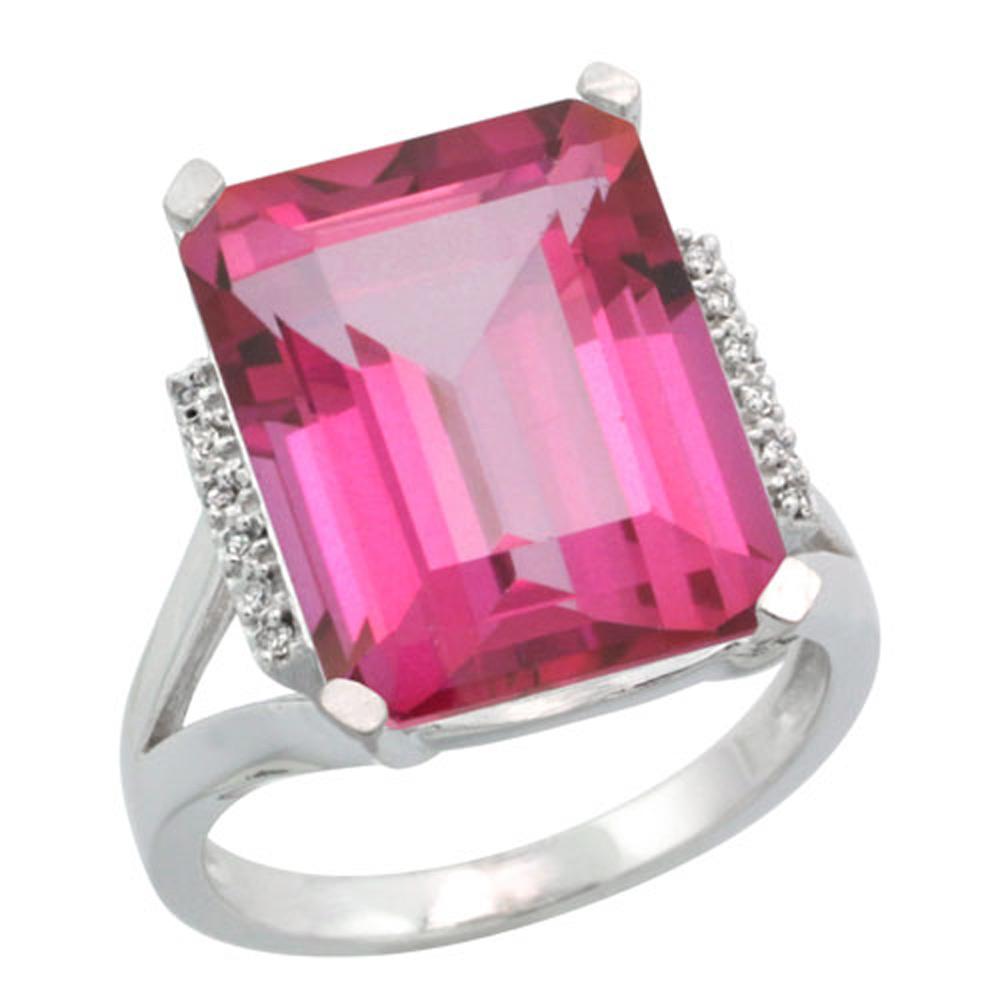 Sterling Silver Diamond Natural Pink Topaz Ring Emerald-cut 16x12mm, 3/4 inch wide, sizes 5-10