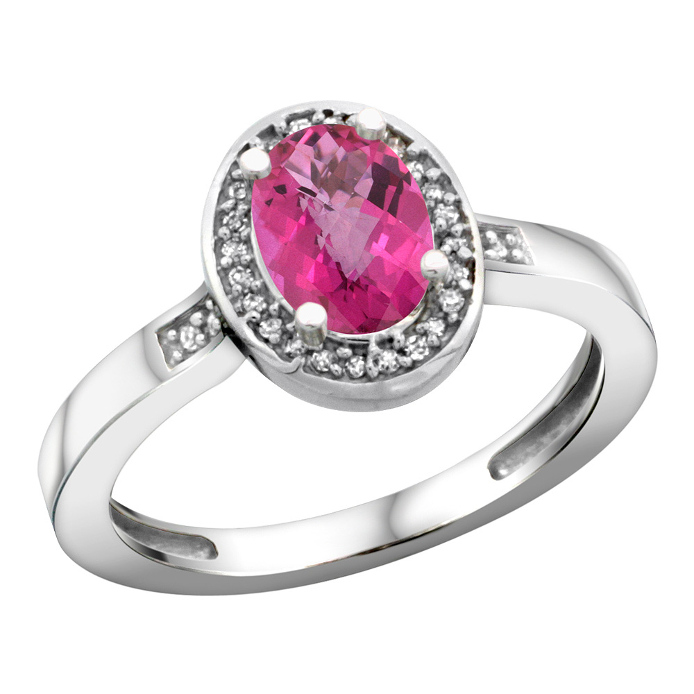 Sterling Silver Diamond Natural Pink Topaz Ring Oval 7x5mm, 1/2 inch wide, sizes 5-10