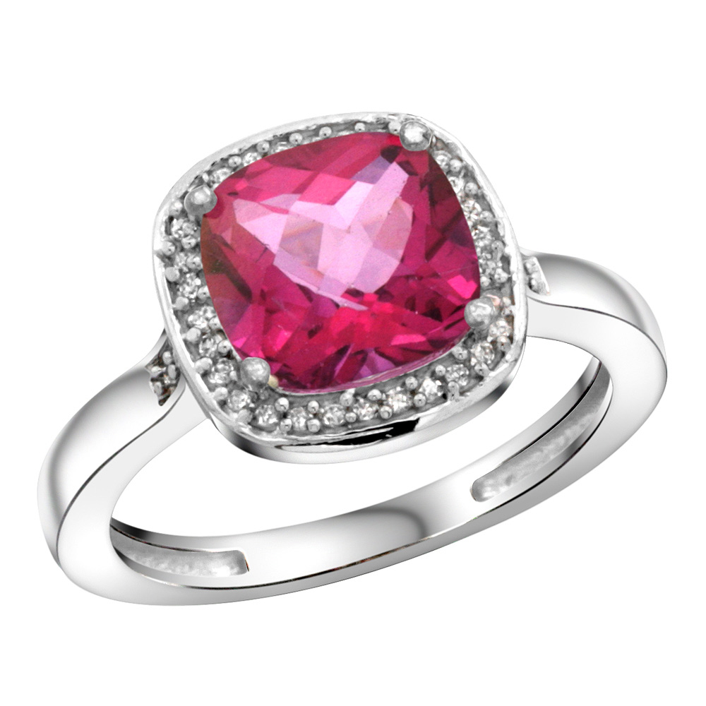 Sterling Silver Diamond Natural Pink Topaz Ring Cushion-cut 8x8mm, 1/2 inch wide, sizes 5-10