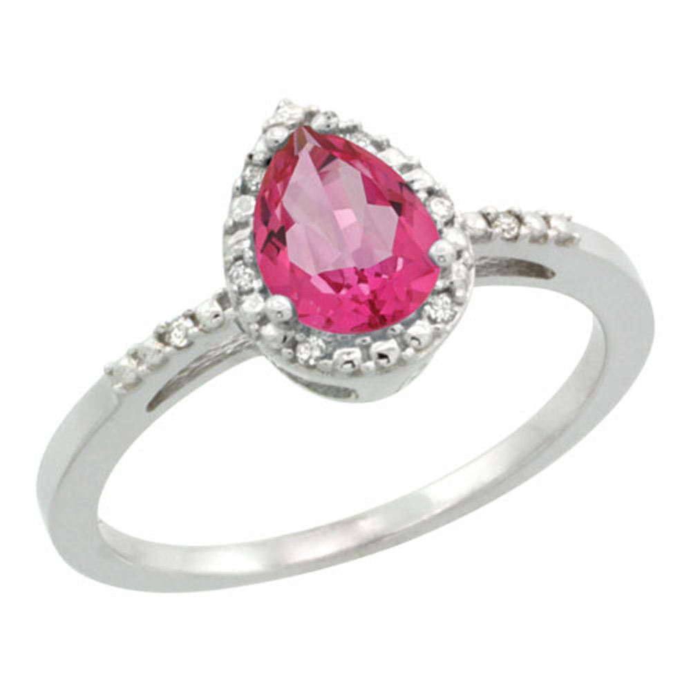 Sterling Silver Diamond Natural Pink Topaz Ring Pear 7x5mm, 3/8 inch wide, sizes 5-10