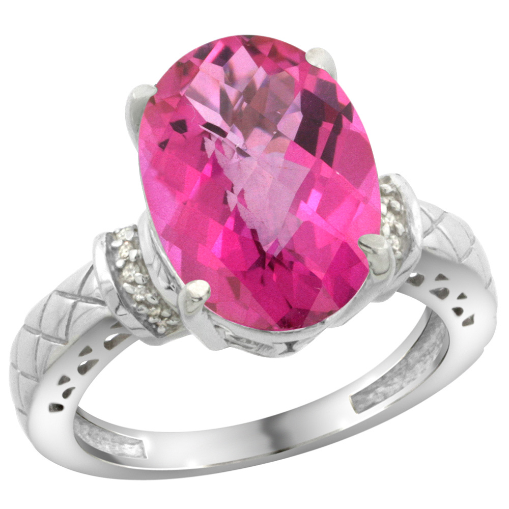 Sterling Silver Diamond Natural Pink Topaz Ring Oval 14x10mm, sizes 5-10