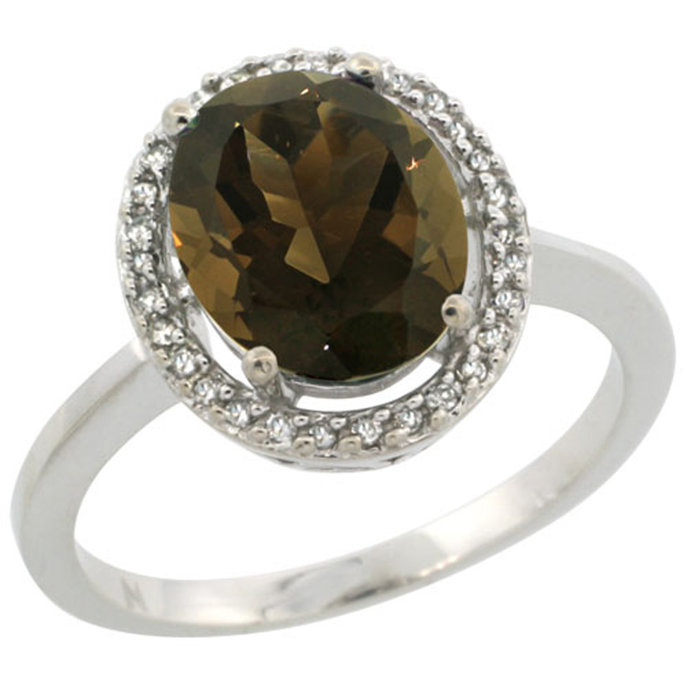 Sterling Silver Diamond Halo Natural Smoky Topaz Ring Oval 10X8 mm, 1/2 inch wide, sizes 5-10
