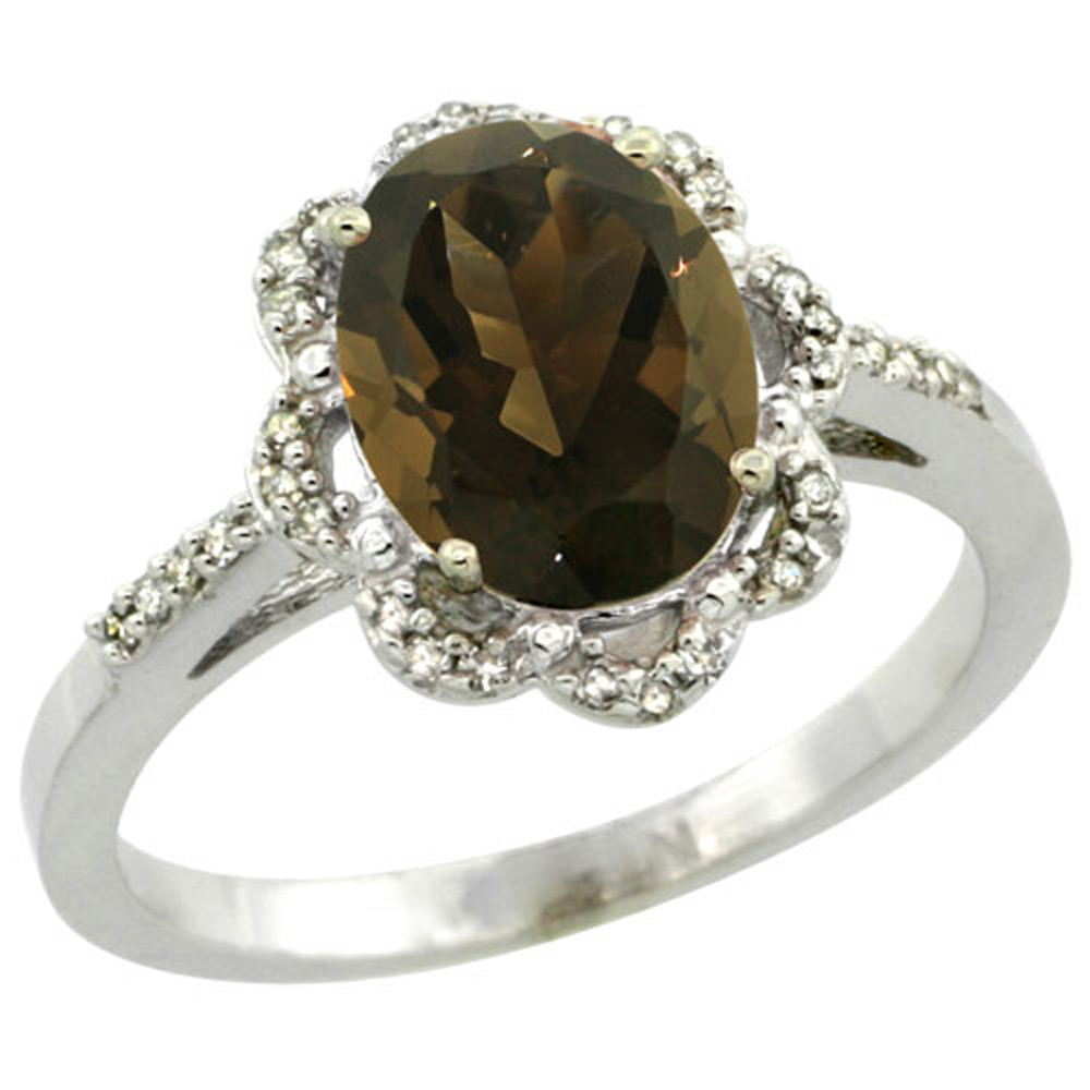 Sterling Silver Diamond Halo Natural Smoky Topaz Ring Oval 9x7mm, 7/16 inch wide, sizes 5-10