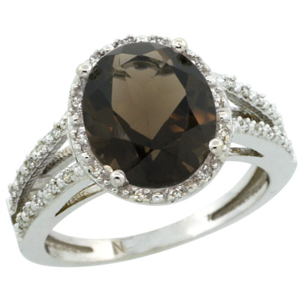 Sterling Silver Diamond Halo Natural Smoky Topaz Ring Oval 11x9mm, 7/16 inch wide, sizes 5-10