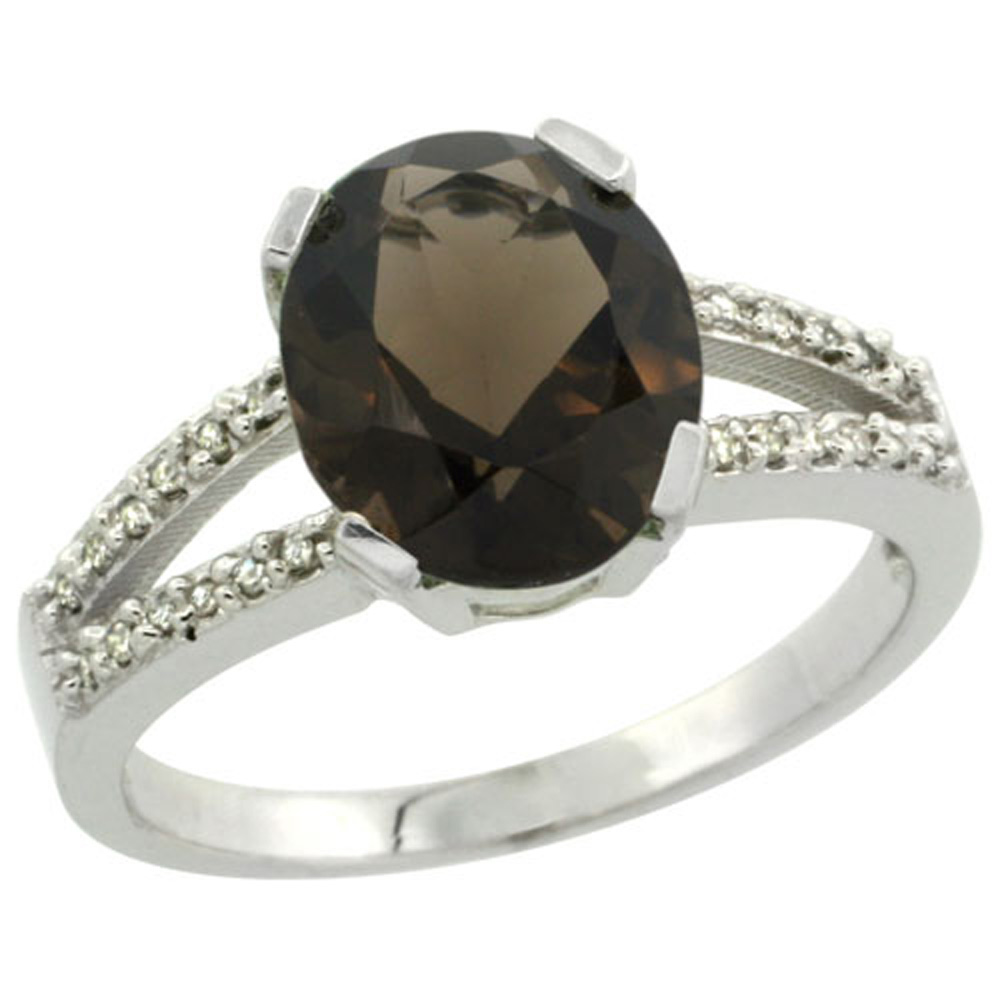 Sterling Silver Diamond Halo Natural Smoky Topaz Ring Oval 10x8mm, 3/8 inch wide, sizes 5-10