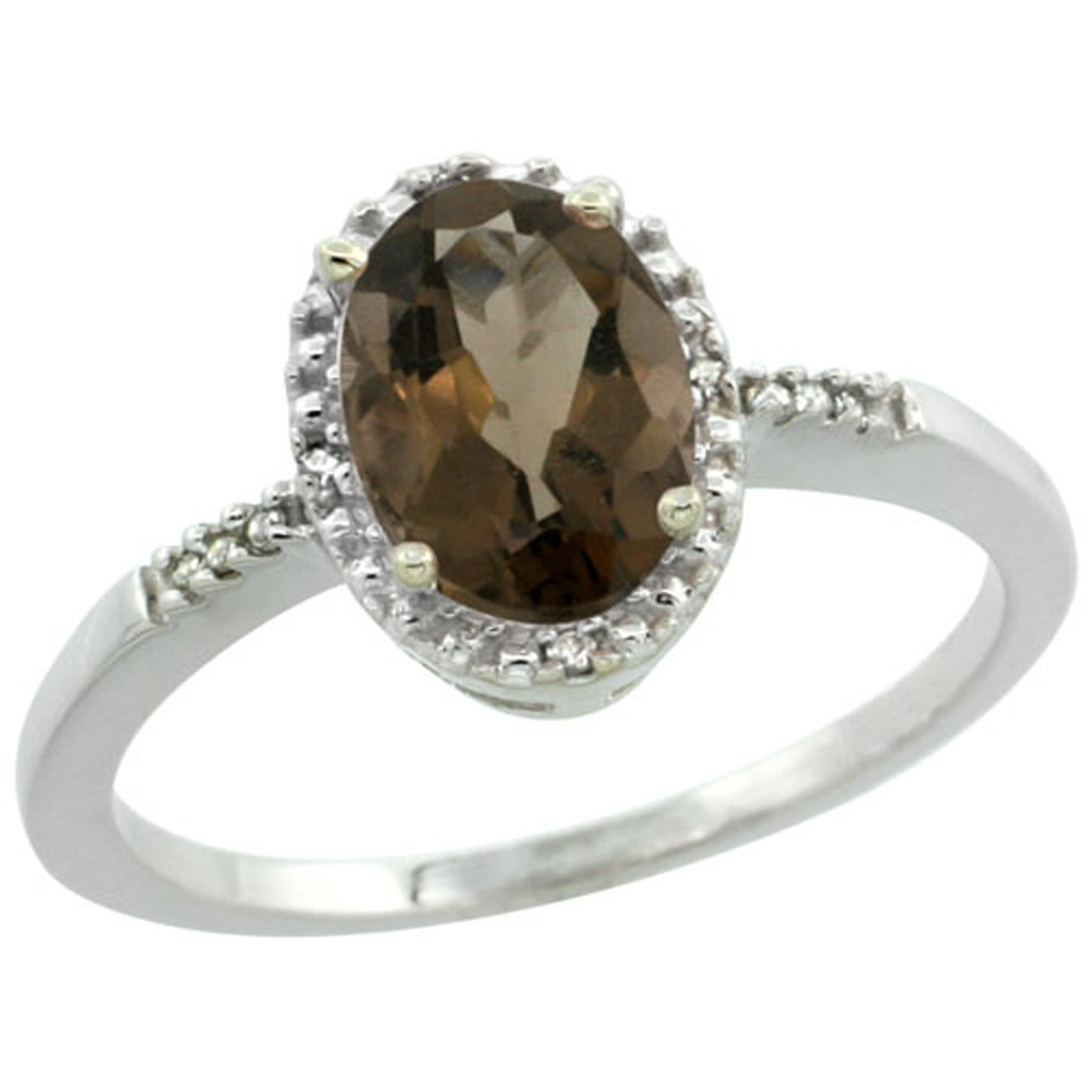 Sterling Silver Diamond Natural Smoky Topaz Ring Oval 8x6mm, 3/8 inch wide, sizes 5-10