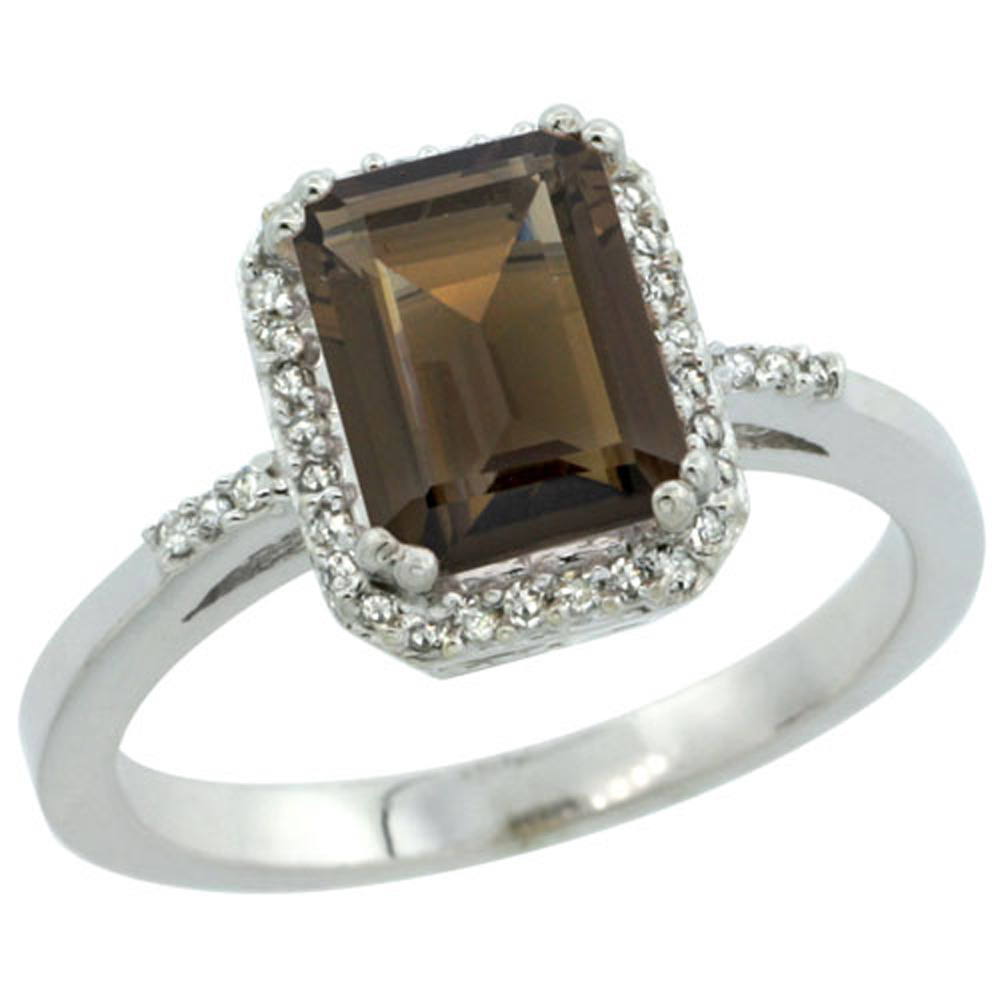 Sterling Silver Diamond Natural Smoky Topaz Ring Emerald-cut 8x6mm, 1/2 inch wide, sizes 5-10