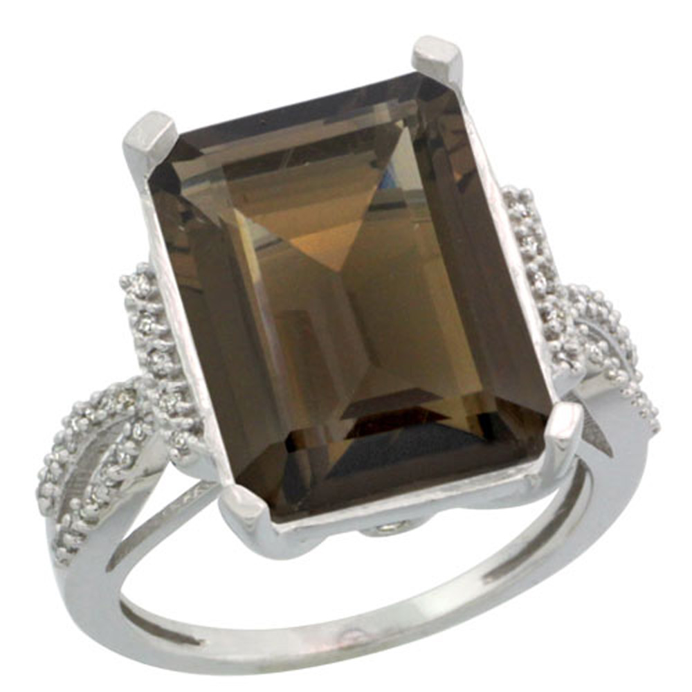 Sterling Silver Diamond Natural Smoky Topaz Ring Emerald-cut 16x12mm, 3/4 inch wide, sizes 5-10