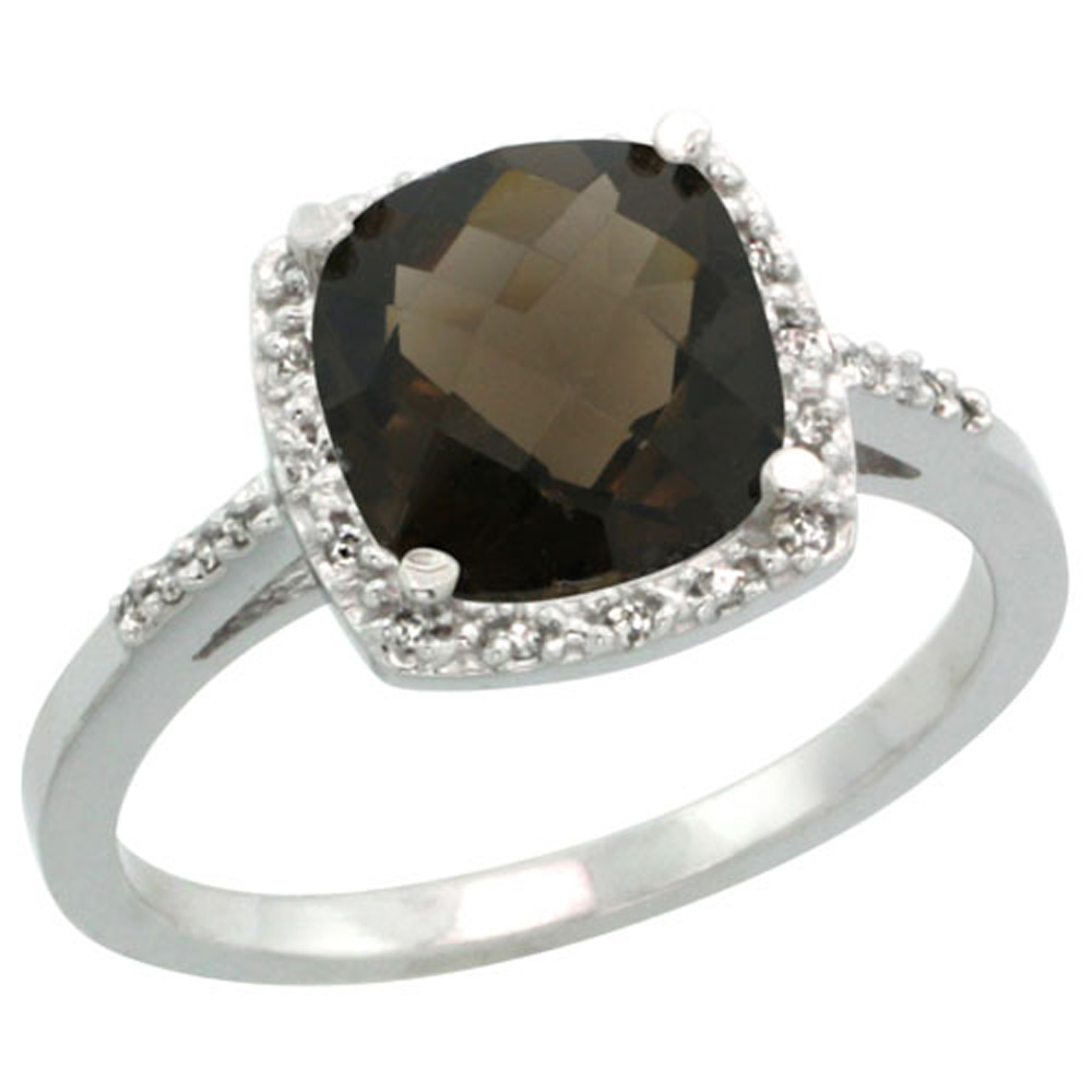 Sterling Silver Diamond Natural Smoky Topaz Ring Cushion-cut 8x8mm, 1/2 inch wide, sizes 5-10
