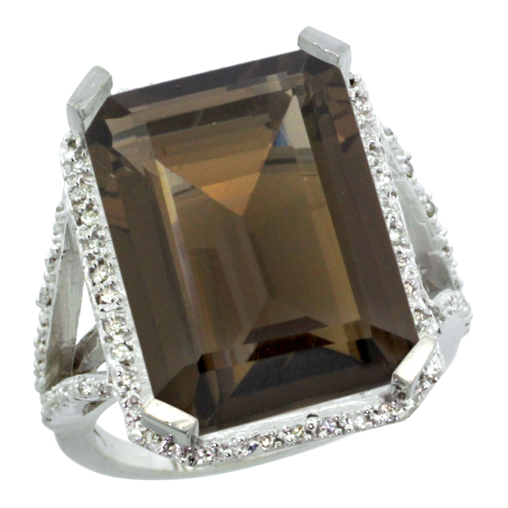 Sterling Silver Diamond Natural Smoky Topaz Ring Emerald-cut 18x13mm, 13/16 inch wide, sizes 5-10