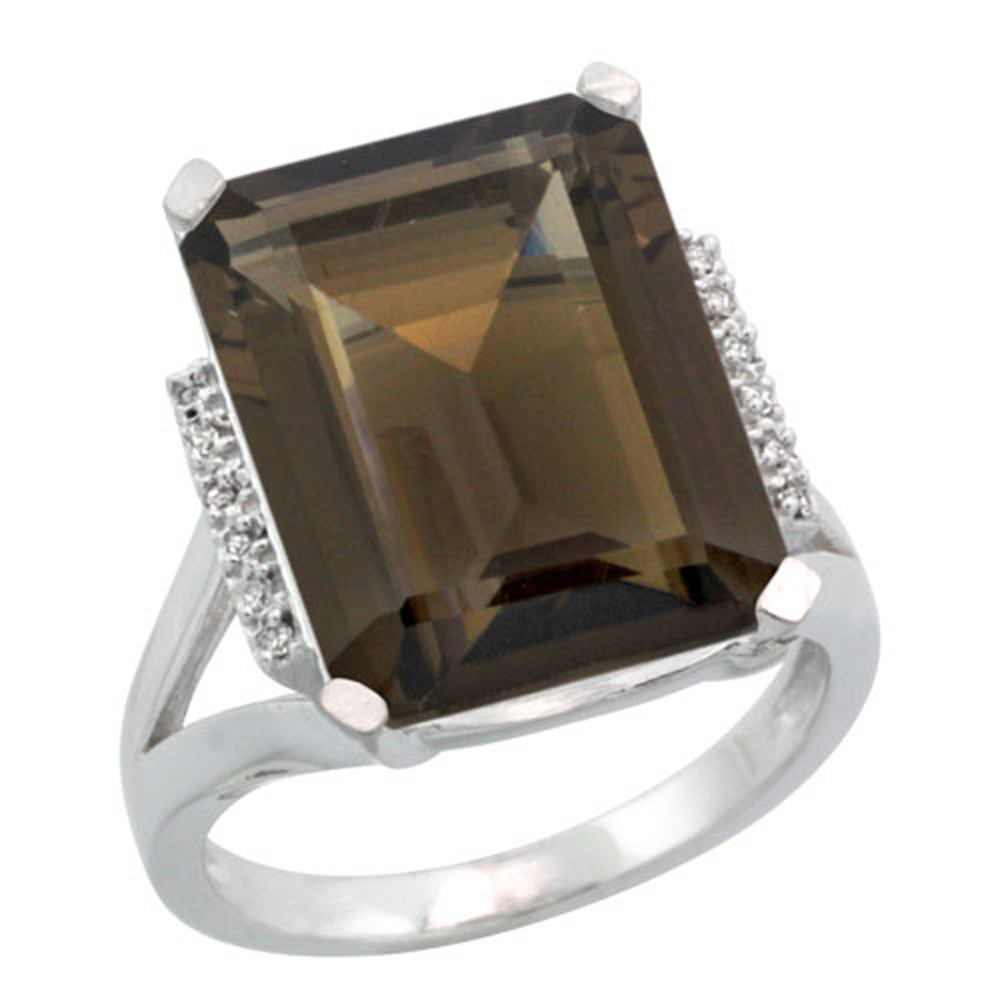 Sterling Silver Diamond Natural Smoky Topaz Ring Emerald-cut 16x12mm, 3/4 inch wide, sizes 5-10