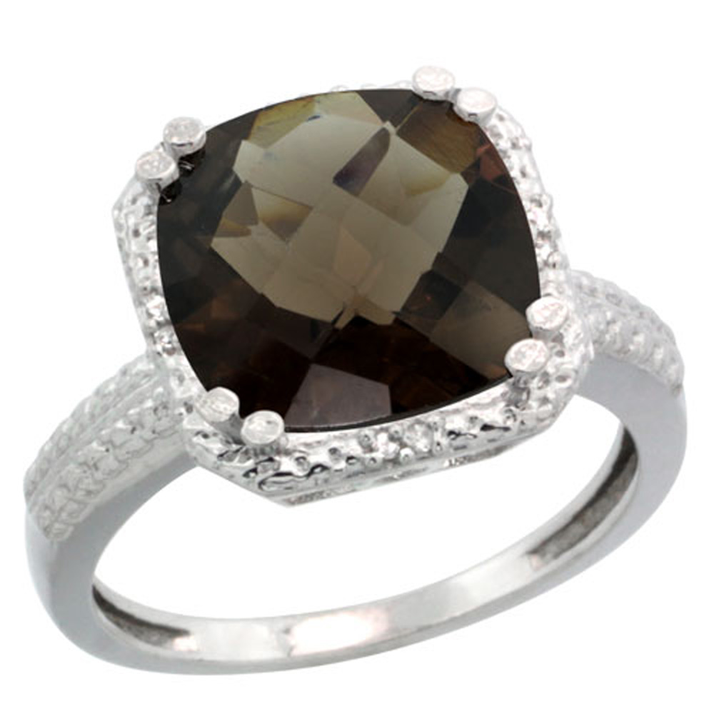 Sterling Silver Diamond Natural Smoky Topaz Ring Cushion-cut 11x11mm, 1/2 inch wide, sizes 5-10