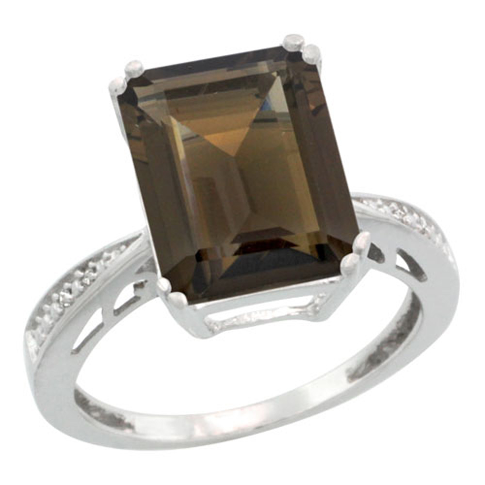 Sterling Silver Diamond Natural Smoky Topaz Ring Emerald-cut 12x10mm, 1/2 inch wide, sizes 5-10