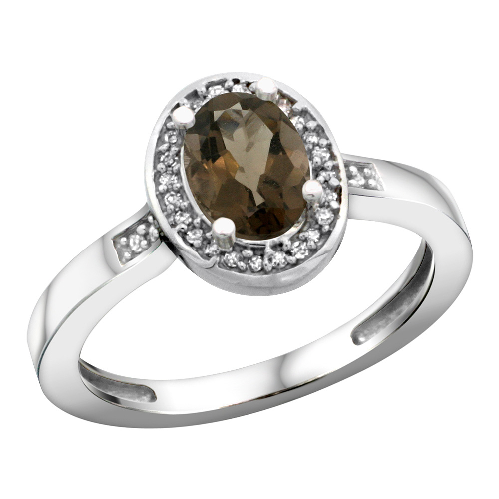 Sterling Silver Diamond Natural Smoky Topaz Ring Oval 7x5mm, 1/2 inch wide, sizes 5-10