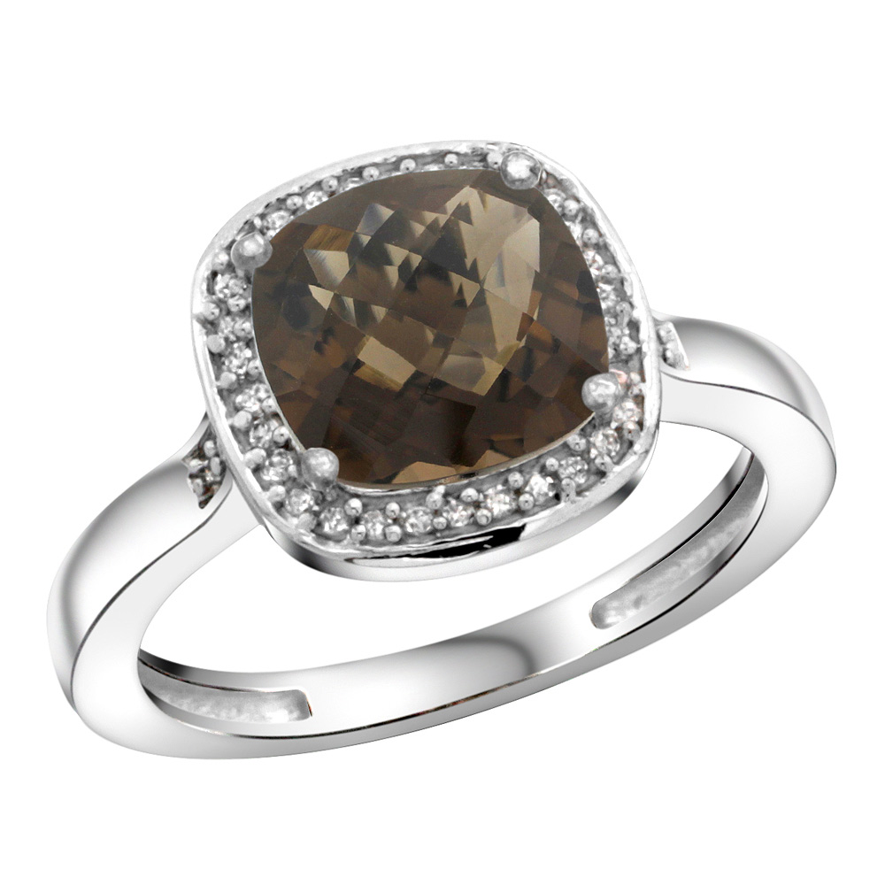Sterling Silver Diamond Natural Smoky Topaz Ring Cushion-cut 8x8mm, 1/2 inch wide, sizes 5-10