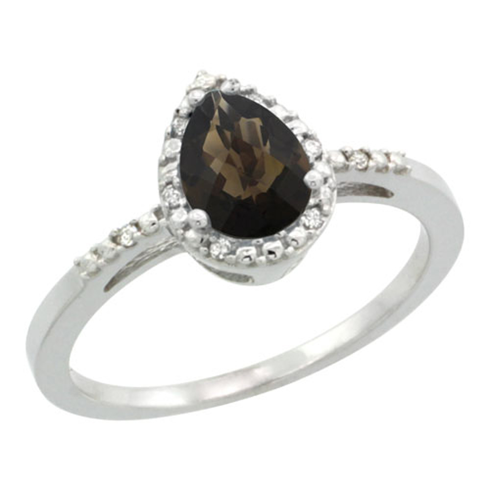Sterling Silver Diamond Natural Smoky Topaz Ring Pear 7x5mm, 3/8 inch wide, sizes 5-10