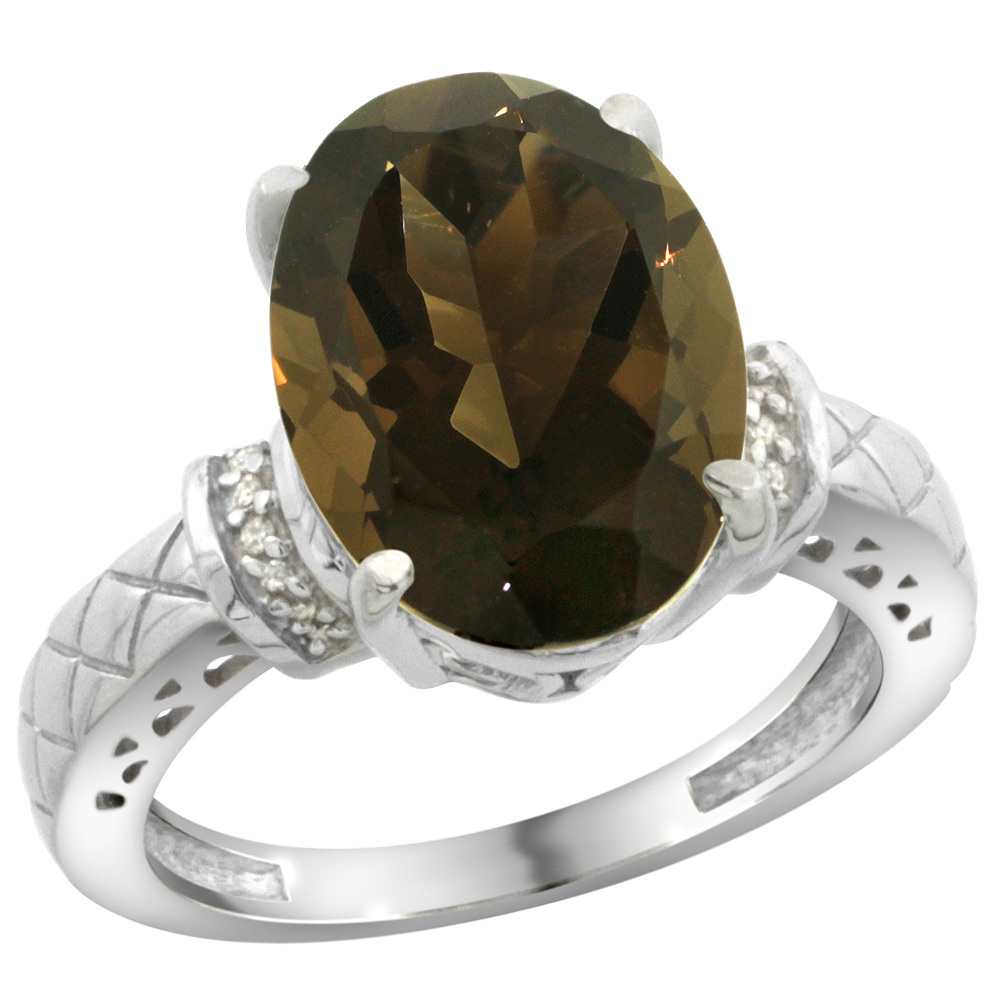 Sterling Silver Diamond Natural Smoky Topaz Ring Oval 14x10mm, sizes 5-10