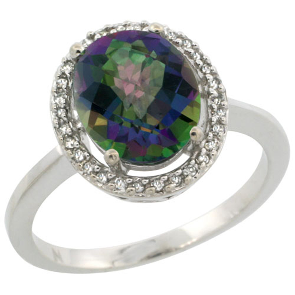 Sterling Silver Diamond Halo Mystic Topaz Ring Oval 10X8 mm, 1/2 inch wide, sizes 5-10