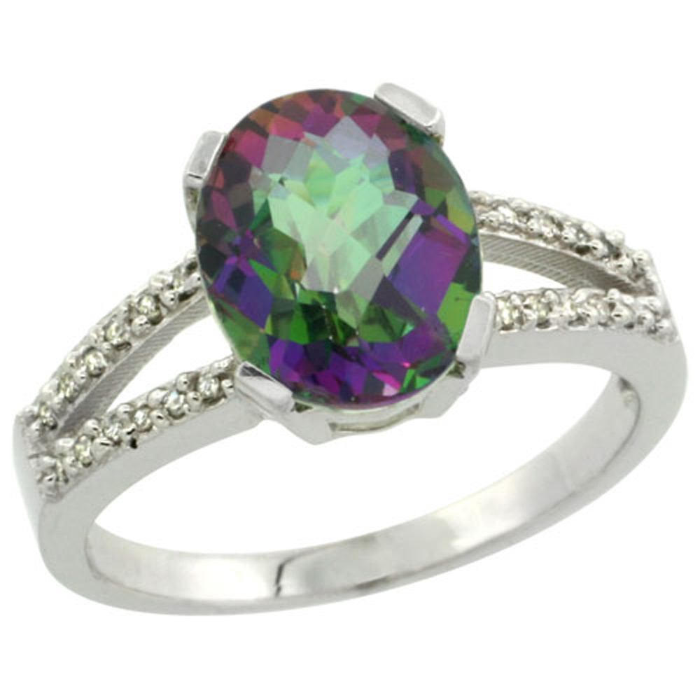 Sterling Silver Diamond Halo Mystic Topaz Ring Oval 10x8mm, 3/8 inch wide, sizes 5-10