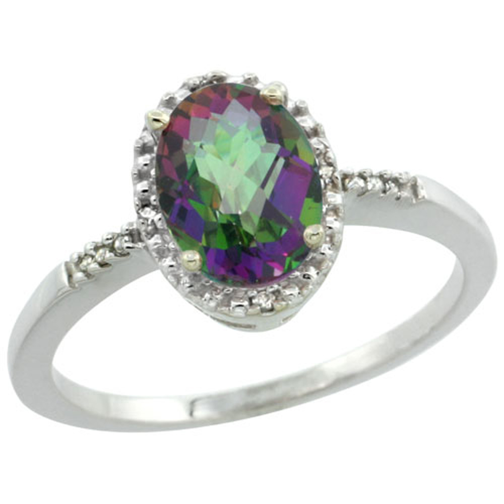 Sterling Silver Diamond Mystic Topaz Ring Oval 8x6mm, 3/8 inch wide, sizes 5-10