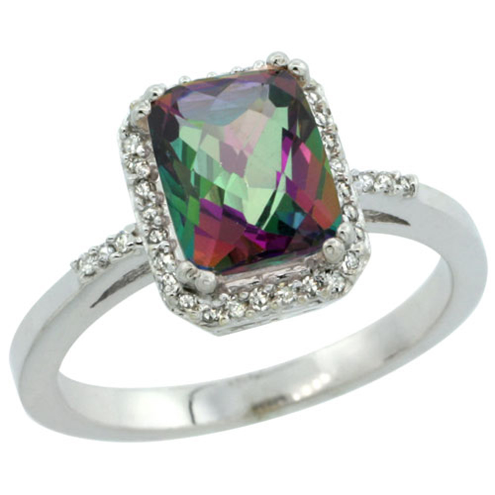 Sterling Silver Diamond Mystic Topaz Ring Emerald-cut 8x6mm, 1/2 inch wide, sizes 5-10