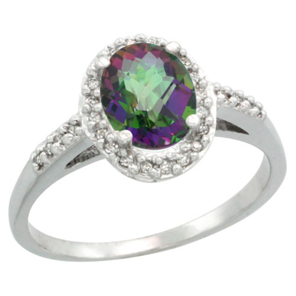 Sterling Silver Diamond Mystic Topaz Ring Oval 8x6mm, 3/8 inch wide, sizes 5-10
