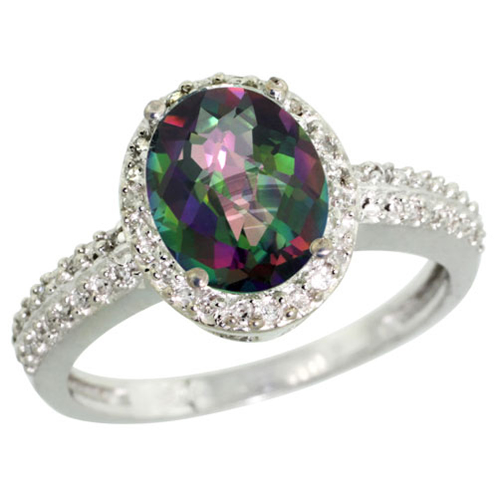 Sterling Silver Diamond Mystic Topaz Ring Oval 9x7mm, 1/2 inch wide, sizes 5-10