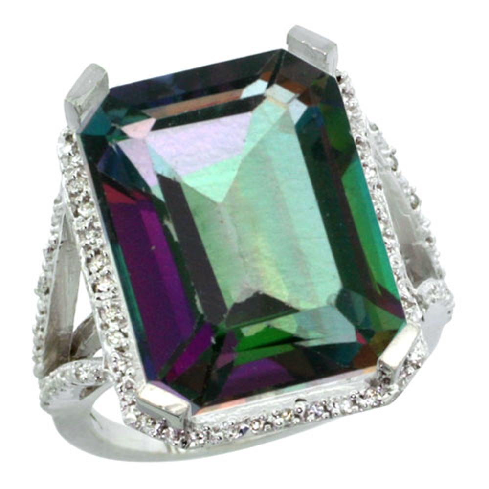 Sterling Silver Diamond Mystic Topaz Ring Emerald-cut 18x13mm, 13/16 inch wide, sizes 5-10