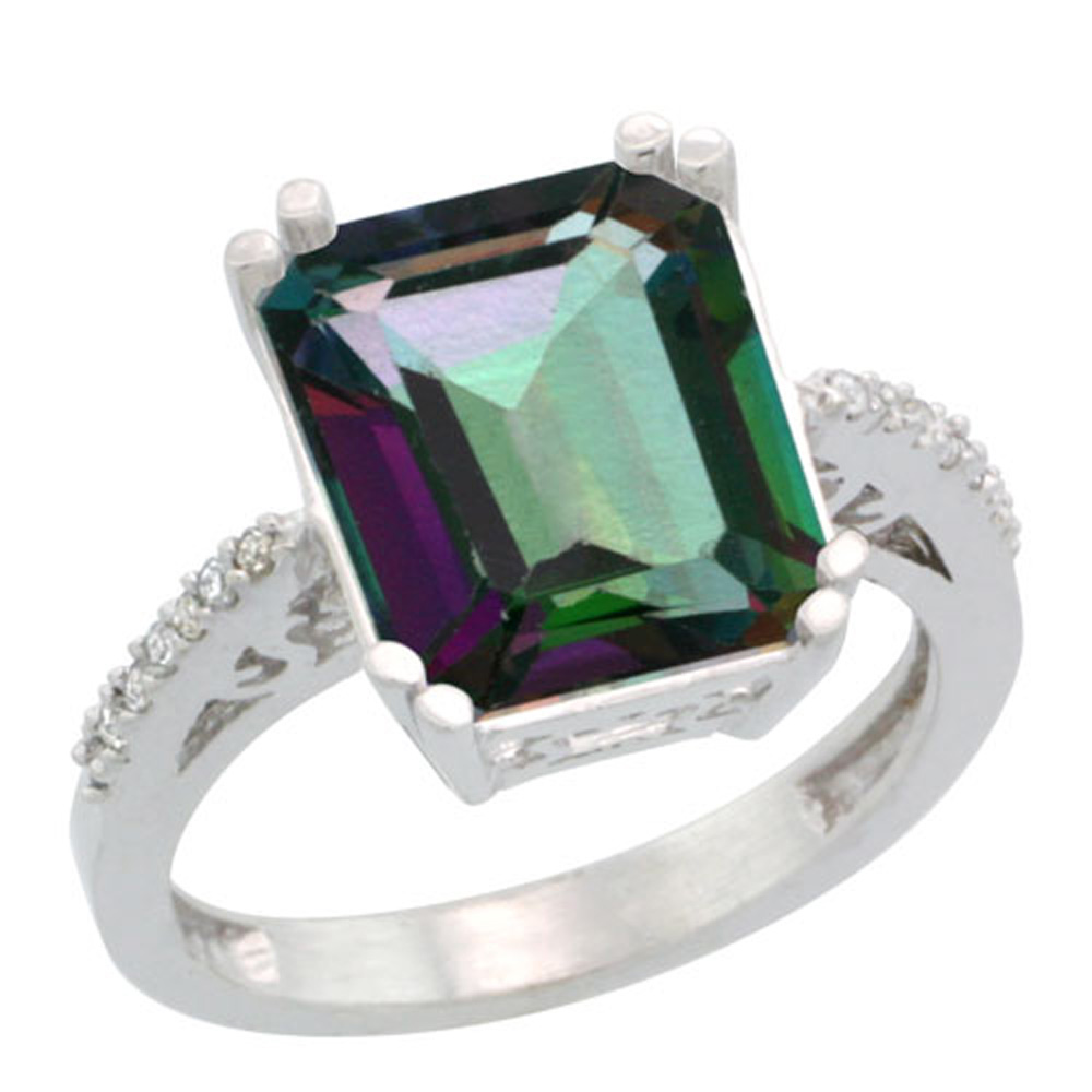Sterling Silver Diamond Mystic Topaz Ring Emerald-cut 12x10mm, 1/2 inch wide, sizes 5-10