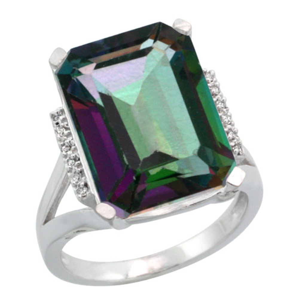 Sterling Silver Diamond Natural Mystic Topaz Ring Emerald-cut 16x12mm, 3/4 inch wide, sizes 5-10