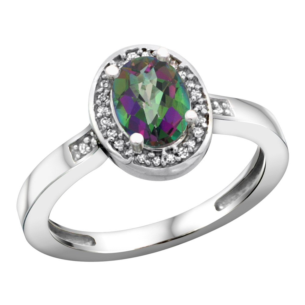 Sterling Silver Diamond Mystic Topaz Ring Oval 7x5mm, 1/2 inch wide, sizes 5-10