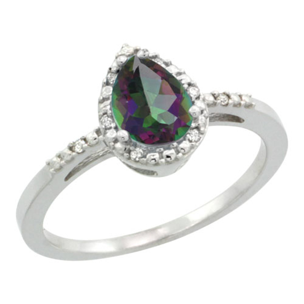 Sterling Silver Diamond Mystic Topaz Ring Pear 7x5mm, 3/8 inch wide, sizes 5-10
