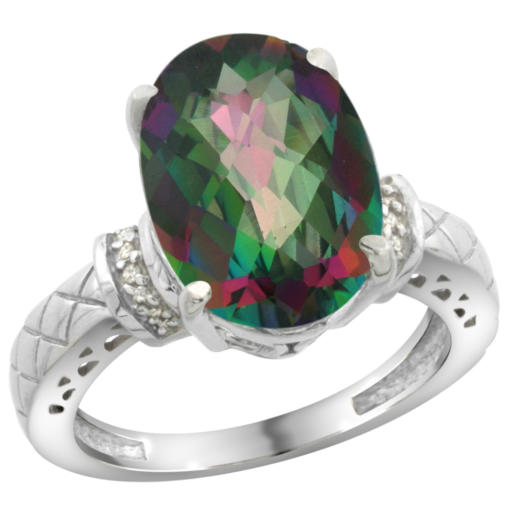 Sterling Silver Diamond Mystic Topaz Ring Oval 14x10mm, sizes 5-10
