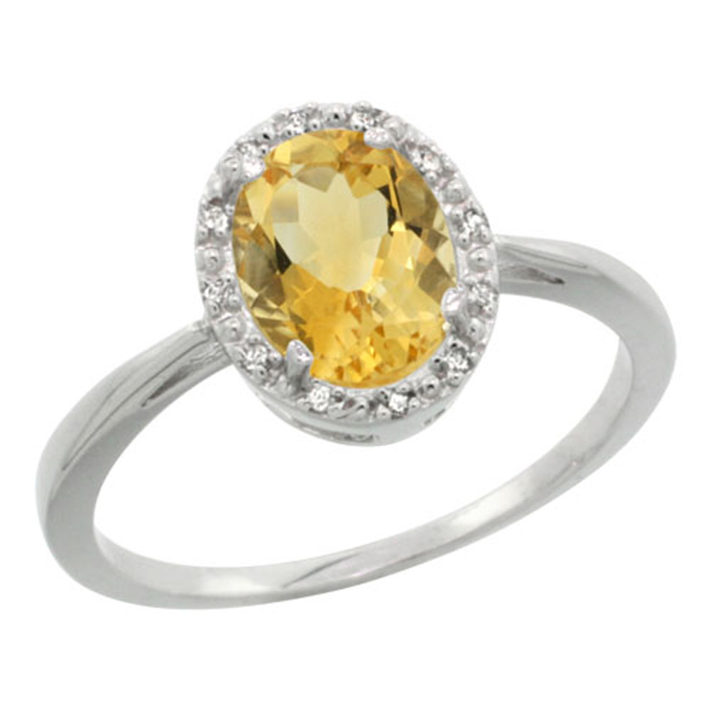Sterling Silver Natural Citrine Diamond Halo Ring Oval 8X6mm, 1/2 inch wide, sizes 5-10